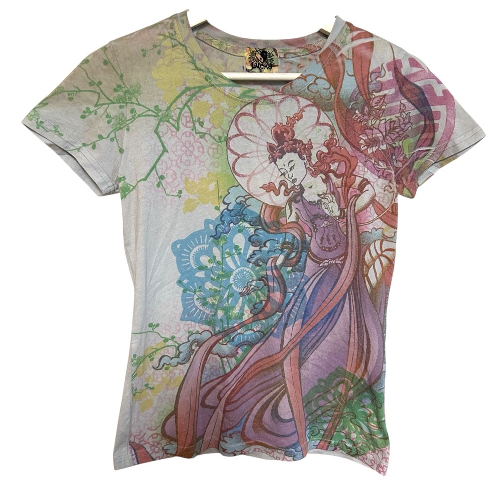 Lucky brand XS Asian print graphic T-shirt short sleeve made is USA vintage Y2K